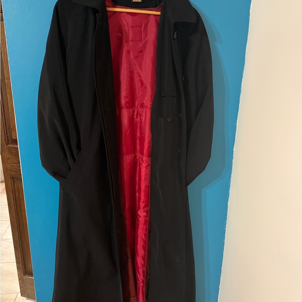 Sanyo New York Black Full Length Trench Coat with Crimson Embroidered Lining